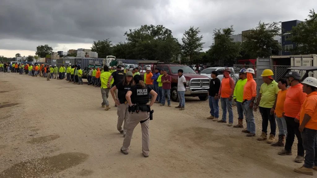 Immigration and Customs Enforcement officers along with state law enforcement conduct a construction site raid in Tallahassee, Fla., on May 29, 2025. Courtesy of U.S. Immigration and Customs Enforcement